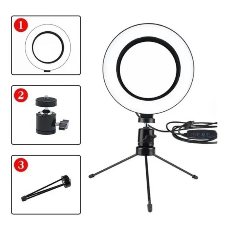 Iluminador Led Circular 6" Bi-Color Vídeo Ring Light 16cm USB com Mini Tripé de Mesa