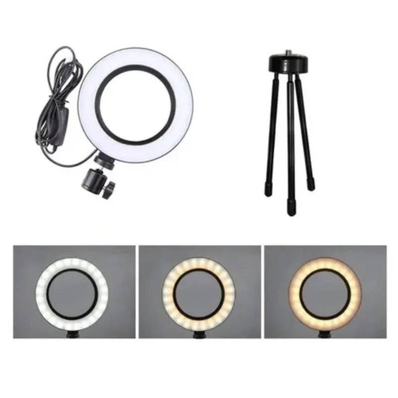 Iluminador Led Circular 6" Bi-Color Vídeo Ring Light 16cm USB com Mini Tripé de Mesa