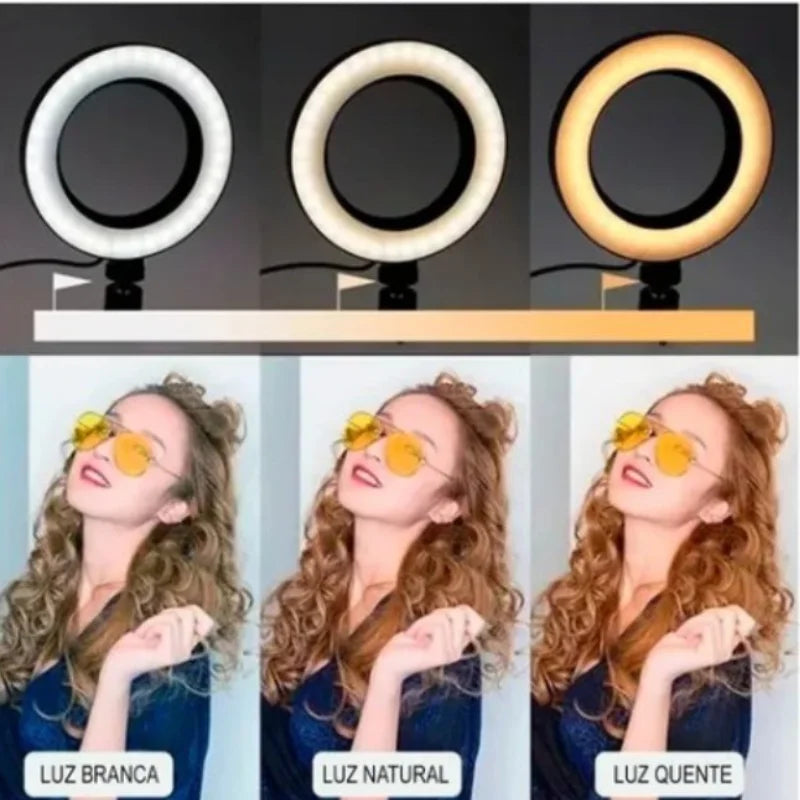 Iluminador Led Circular 6" Bi-Color Vídeo Ring Light 16cm USB com Mini Tripé de Mesa