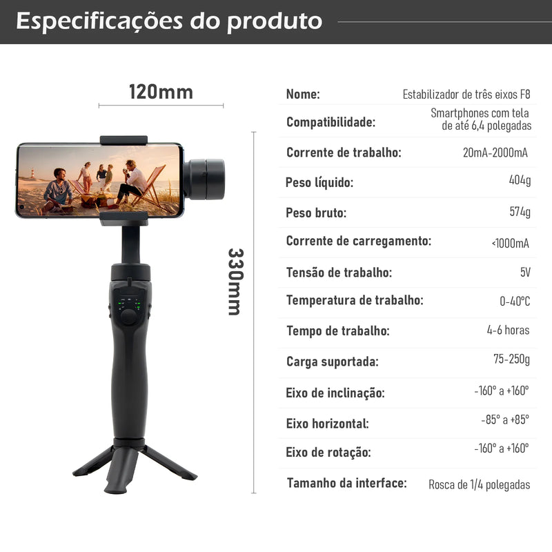 Gimbal Estabilizador Portátil de 3 Eixos com Tripé de Aderência para Celular Xiaomi iPhone Celular Smartphone (Últimos em estoque 🔥)